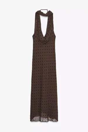 Zara Elegant Brown Polka Dot Halter scarf Dress evening party holiday thumbnail 15