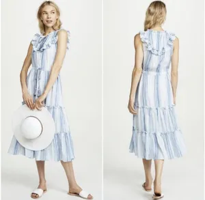 MISA Los Angeles Medium Aleja Stripe Print Linen Midi Dress White Blue Tassel thumbnail 2