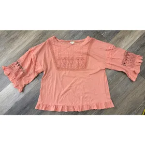 Anthro Tiny Sonoma Coral Boho Blouse XL Crochet Lace Ruffle Sleeve Peplum Top thumbnail 3