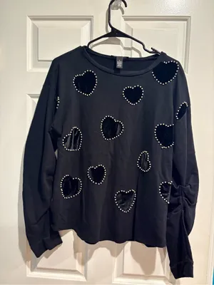 INC black sweatshirt top velvet beaded hearts sz M coquette whimsigoth thumbnail 3