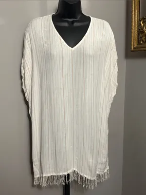 Billabong Small Walk Away Swim Cover Up Cream V Neck Fringe Tunic thumbnail 2