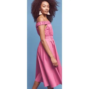 Anthropologie Maeve Mona Off The Shoulder Midi Fit & Flare Dress Fuchsia Size XS thumbnail 3