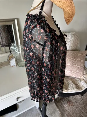 Natural life, black sheer floral BoHo cottage peasant, 3/4 sleeve blouse top XL thumbnail 9