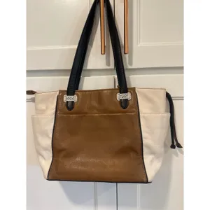 Brighton Tri-Color Leather Tote Bag Brown Cream Black Heart shoulder purse thumbnail 4