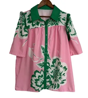 Cherry Berry Fresh Floral Pink & Green Print Button Down Blouse Women’s XXL thumbnail 1