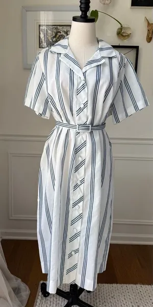 Vintage 70s British Lady House Dress White Blue Stripe 22 2X 3X thumbnail 1
