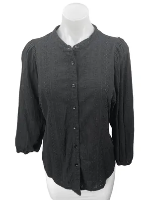 Solitaire Black Floral Embroidered Long Sleeve Button Down Shirt Top Size XL thumbnail 1