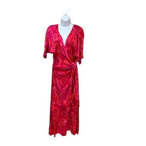 MISA Los Angeles Psychedelic Floral Wrap Maxi Dress Pink Red Orange V-Neck Boho thumbnail 4