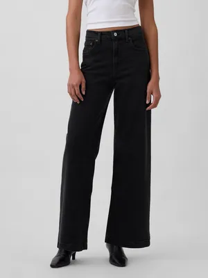 GAP • High Rise Stride Wide-Leg Jeans in Washed Black trouser regular inseam thumbnail 7