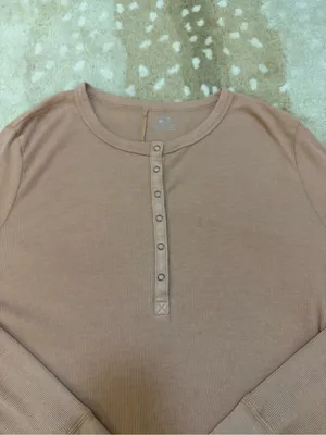 Aerie XXL camel tan Ribbed Long Sleeve Henley Top Snap Button Casual Basic thumbnail 6