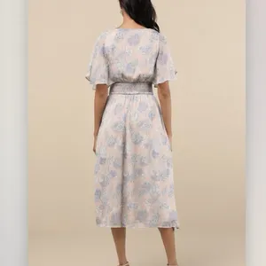 Lulus Subtle Romance‎ Beige Blue Floral Ruffle Flutter Sleeve Midi Dress Size XL thumbnail 5