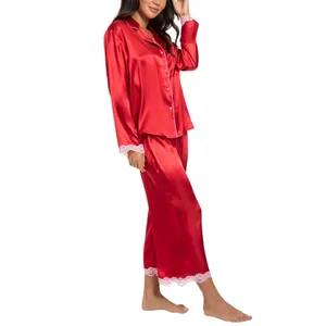 NEW Linea Donatella Womens Lace-Trim Satin Pajama Pants LOS046 Red L thumbnail 5