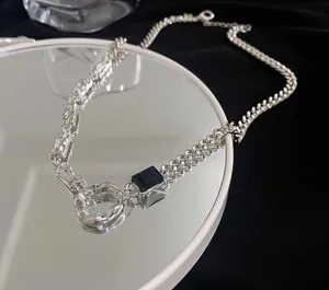 Titanium Steel Artificial Black Gem Ring Pendant Necklace for Men Women thumbnail 2