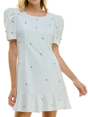 NWT Crystal Doll White Mini Dress with Puff Sleeves and Rhinestones Accents thumbnail 1