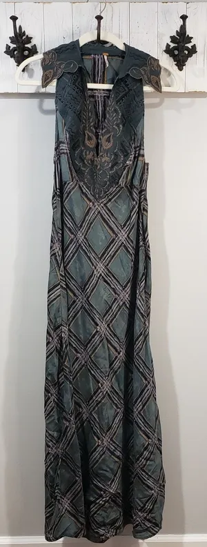 Free People Lana Printed Midi Dress Womens 6 Green Embroidered Boho Maxi Dress thumbnail 1