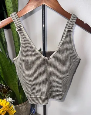 Acid Wash Seamless Ribbed Cropped Bra Padded V-Neck Tank Top, Mocha, Size L/XL thumbnail 1