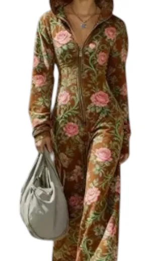 Boutique Scacto Brown w/Pink Roses Fitted LS Zip Dropped Waist Wide Leg Jumpsuit Hood XL thumbnail 1