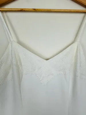 Fame and Partners white lace trim spaghetti strap slip cut gown front slit 8 thumbnail 3