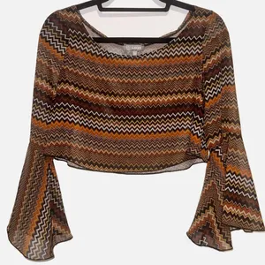 LOVE Retro Crop Top Long Sleeve Geometric Bell Sleeves Sheer Orange Gold Small thumbnail 3