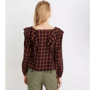 Madewell Plaid‎ Ruffled Sqaureneck Gingham Red and Black Top Size L Cotton thumbnail 2