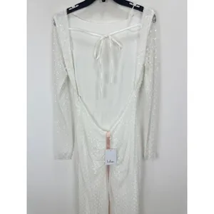 Lulus Mariani White Sequin Beaded Backless Long Sleeve Maxi Dress Medium NWT thumbnail 10