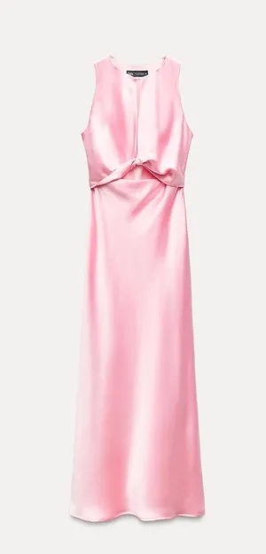 Zara maxi dress midi Light Pink tie knot satin effect wedding party evening thumbnail 9