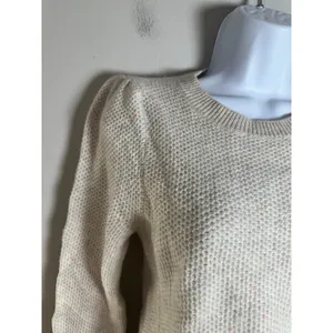 Club Monaco Womens XS‎ Cashmere Puff Shoulder Waffle Knit Speckled Sweater Cream thumbnail 3