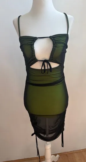Dolls Kill Olive Green Cutout Mesh Midi Dress with Tie Front thumbnail 1
