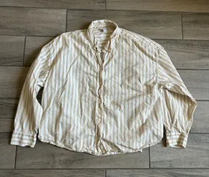 Old Navy Women's Cream and Tan Striped Button-Down Shirt thumbnail 1