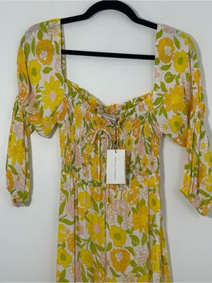 Faithfull The Brand Nora Midi Dress Jolene Floral Print XS Yellow Pink Green NWT thumbnail 3