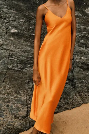 ZARA dress maxi midi hot orange satin effect wedding party cocktail thumbnail 7