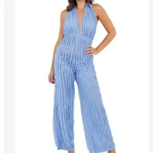 Women’s Blue V-Neck Backless Jumpsuit Romper RuffleWave WideLeg Pants Size M NEW thumbnail 11