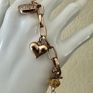 Rose Gold-Tone Charm Bracelet with Hearts, faux Pearl & Carved Rose thumbnail 5