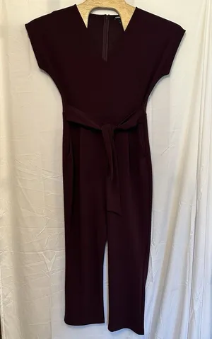 Express Medium Jumpsuit Full Length‎ Burgundy Short Sleeve Pockets Bow Tie Front thumbnail 1