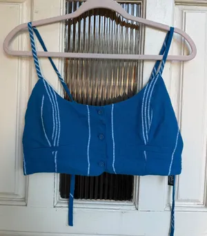 Free People Blue White Striped Button Front Smocked Back Cotton Crop Top Small thumbnail 1