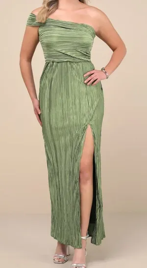 NEW Lulus Poised Performance Olive Green Plisse One-Shoulder Maxi Dress Large thumbnail 1