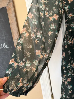Lulu's Dark Cottagecore Green Floral Print Long Sheer Sleeves Mini Dress Medium thumbnail 7