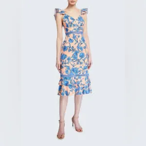 Alice + Olivia Jade Ruffled Floral Midi Dress Coral Blue Lace‎ Illusion Size 12 thumbnail 17