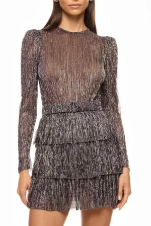 Sabina Musayev Purple Tiered Ruffle Mini Dress XS Plisse Metallic Cocktail $285 thumbnail 1