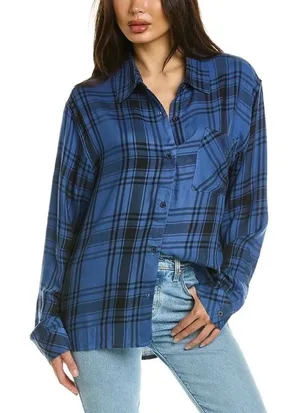 NWT!! WEWOREWHAT Boyfriend Shirt Plaid Navy Blue Collared Oversized Small Medium thumbnail 1