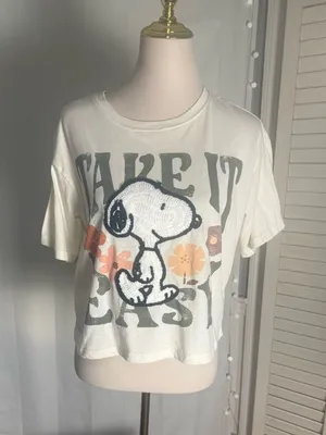 Peanuts Snoopy Take It Easy Crop Tee Size S Textured Graphic Boho thumbnail 1