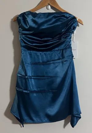 Weinaze NEW Strapless Satin Formal Mini Dress Sz 6 Teal Pleated Detail Event thumbnail 1