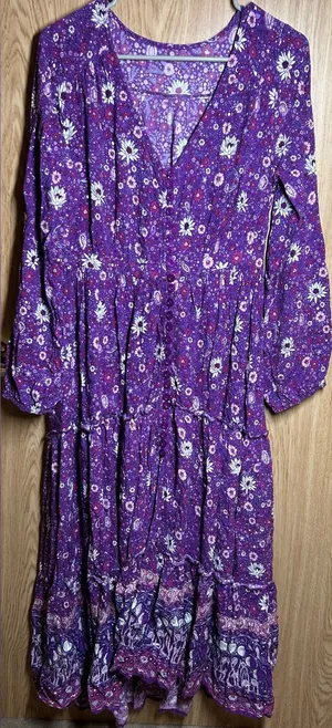 Handmade Purple Bohemian Size M Floral Button-Up Tiered Long Sleeve Maxi Dress thumbnail 1