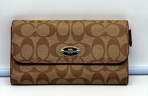 Coach brown leather signature Charlie C snap wallet pink interior A1532 … thumbnail 2