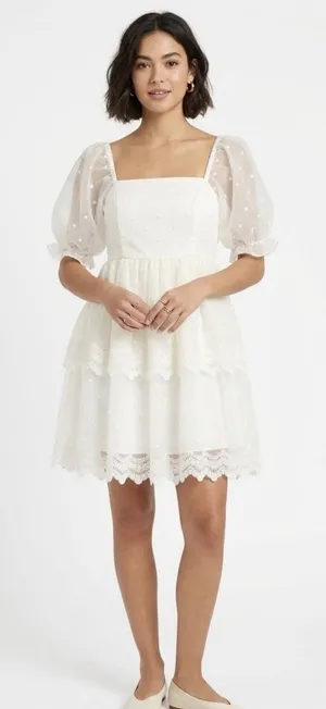 English Factory White Polka Dot Tulle Mini Dress M Cottagecore Puff Sleeve NWT thumbnail 1
