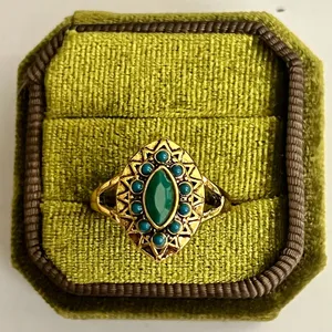 Green Onyx & Turquoise Marquise Titanium Steel Gold Tone Statement Ring Size 9 thumbnail 1
