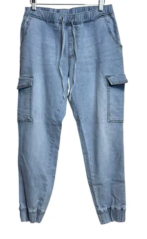 Almost Famous Womens Light Wash Denim Cargo Joggers Light Blue Size L thumbnail 1
