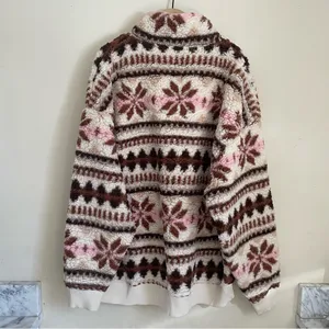 Aerie Sherpa Half Zip Pullover Snowflake Print Teddy Fleece Size M Pink Brown thumbnail 2