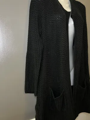 Lucky Brand Cardigan Sweater Womens Medium Black Open Knit Long Duster Pockets thumbnail 3