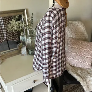 Ann Taylor loft white navy maroon plaid long sleeve boxy sheer blouse top M​​ thumbnail 5